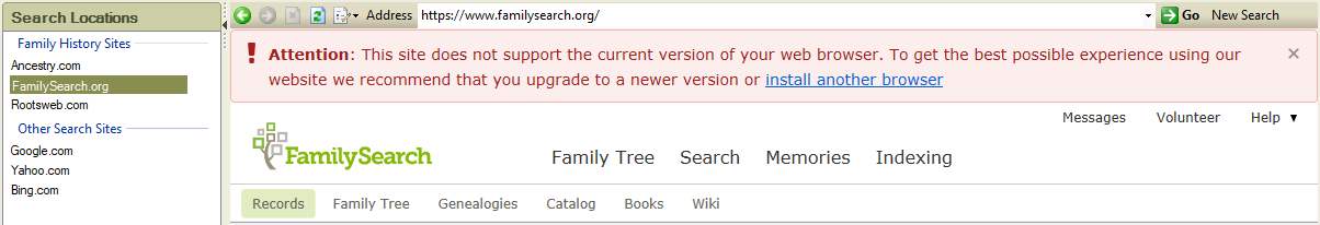 Internet Explorer 11 Notice On Familysearch Through Web Search